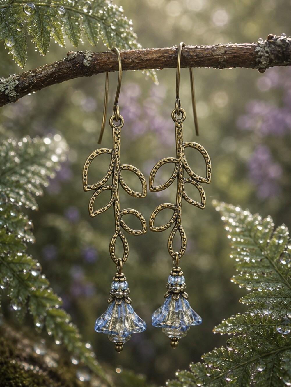Blue Czech Glass Flower Earrings Secret Garden Cottage Artisan Hand Crafted